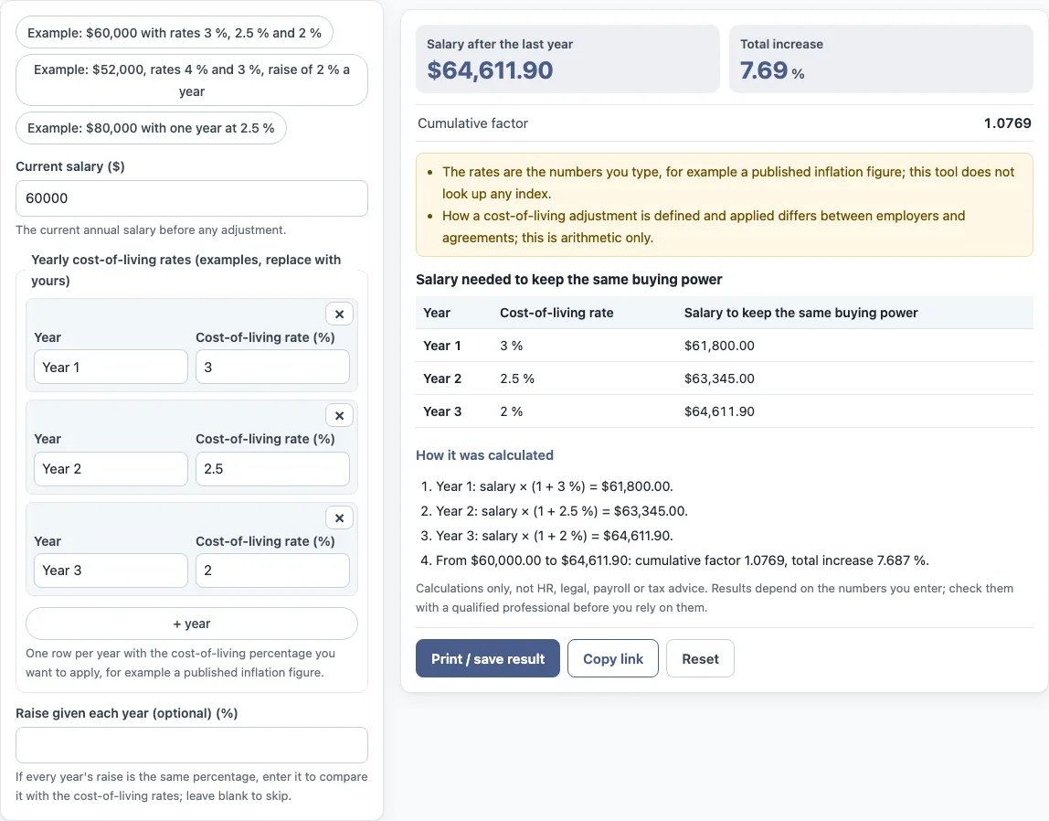Cost of living raise calculator example