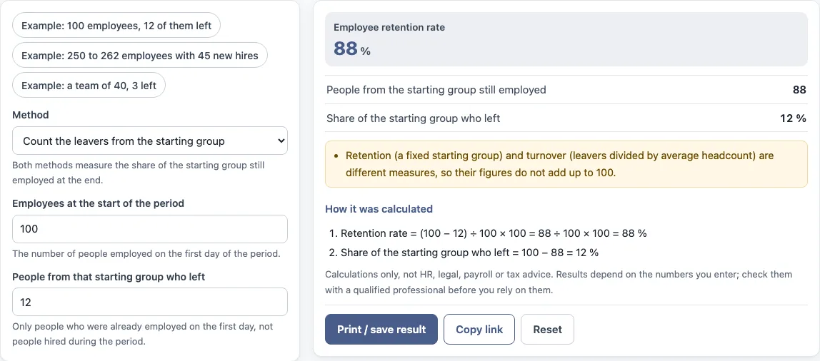 Employee retention rate formula example