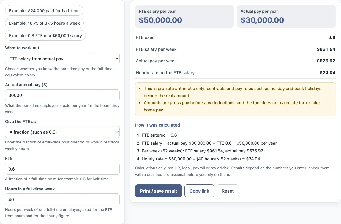 Full time equivalent salary calculator example