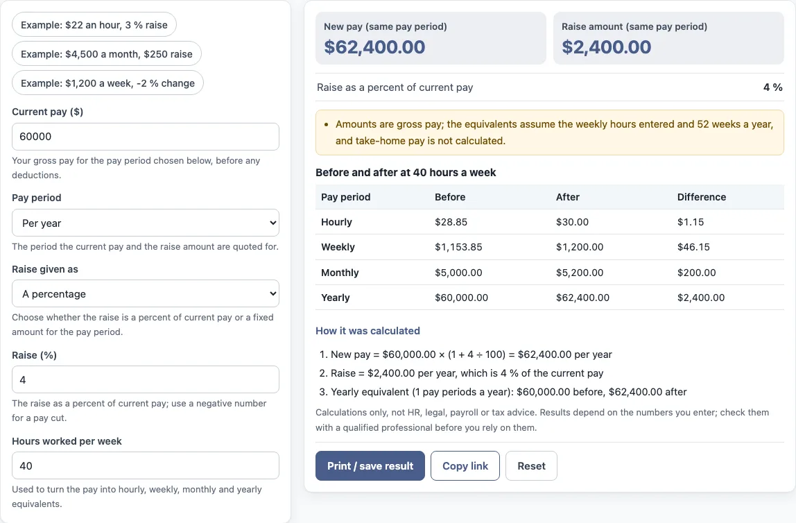 Pay raise calculator example