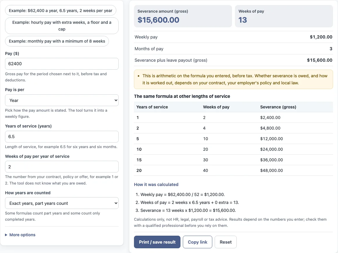Severance pay calculator example